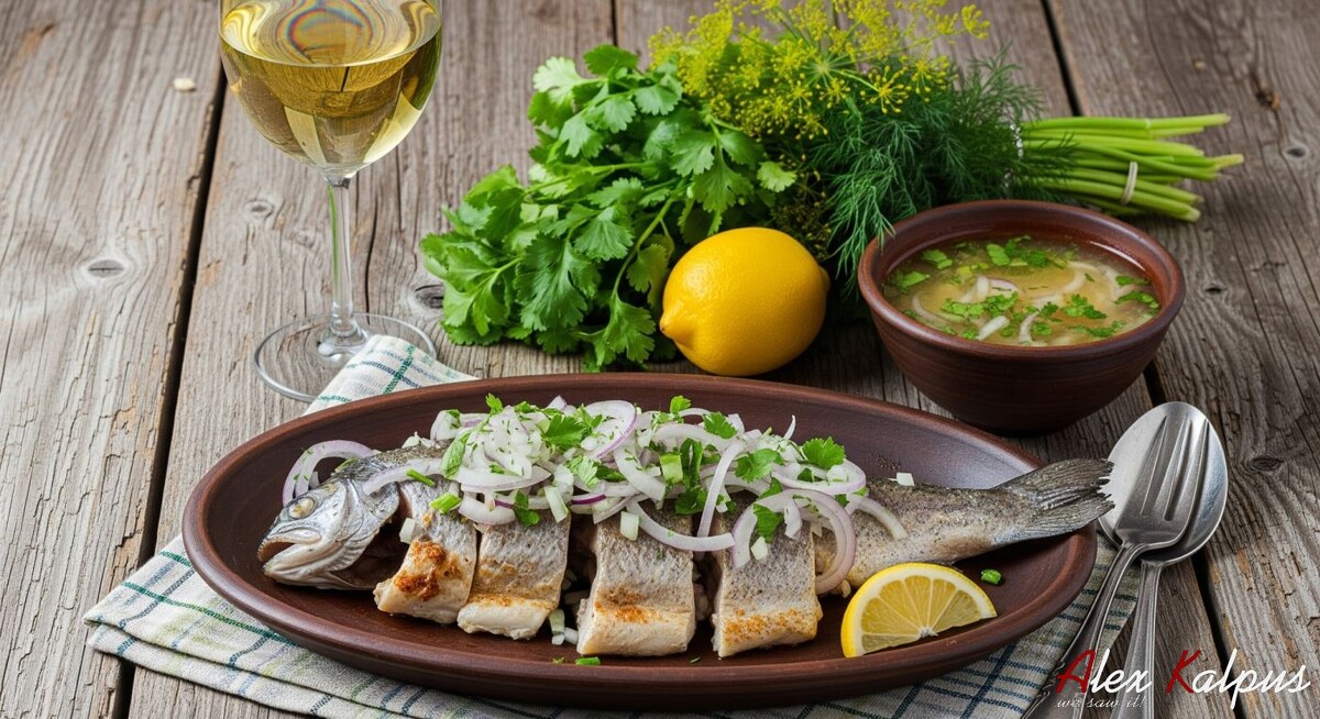 Рецепт кефали или форели с белым вином по-грузински