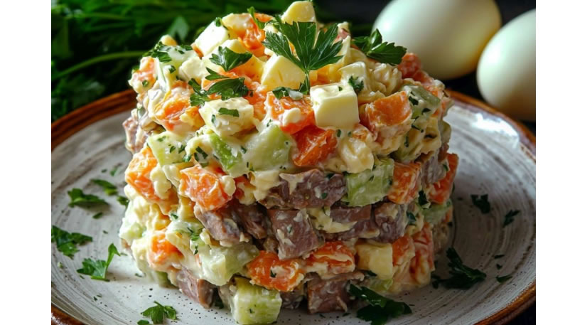 Пикантный салат из говяжьего языка с огурцами и шампиньонами