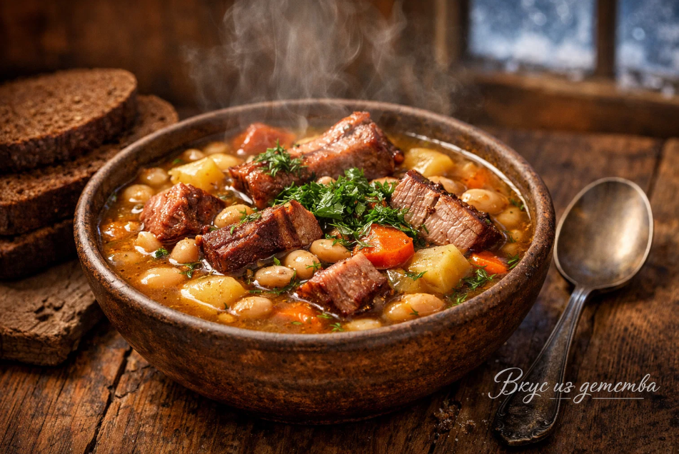 Когда дома холодно, готовлю густой фасолевый суп с копчёностями — согревает на весь вечер